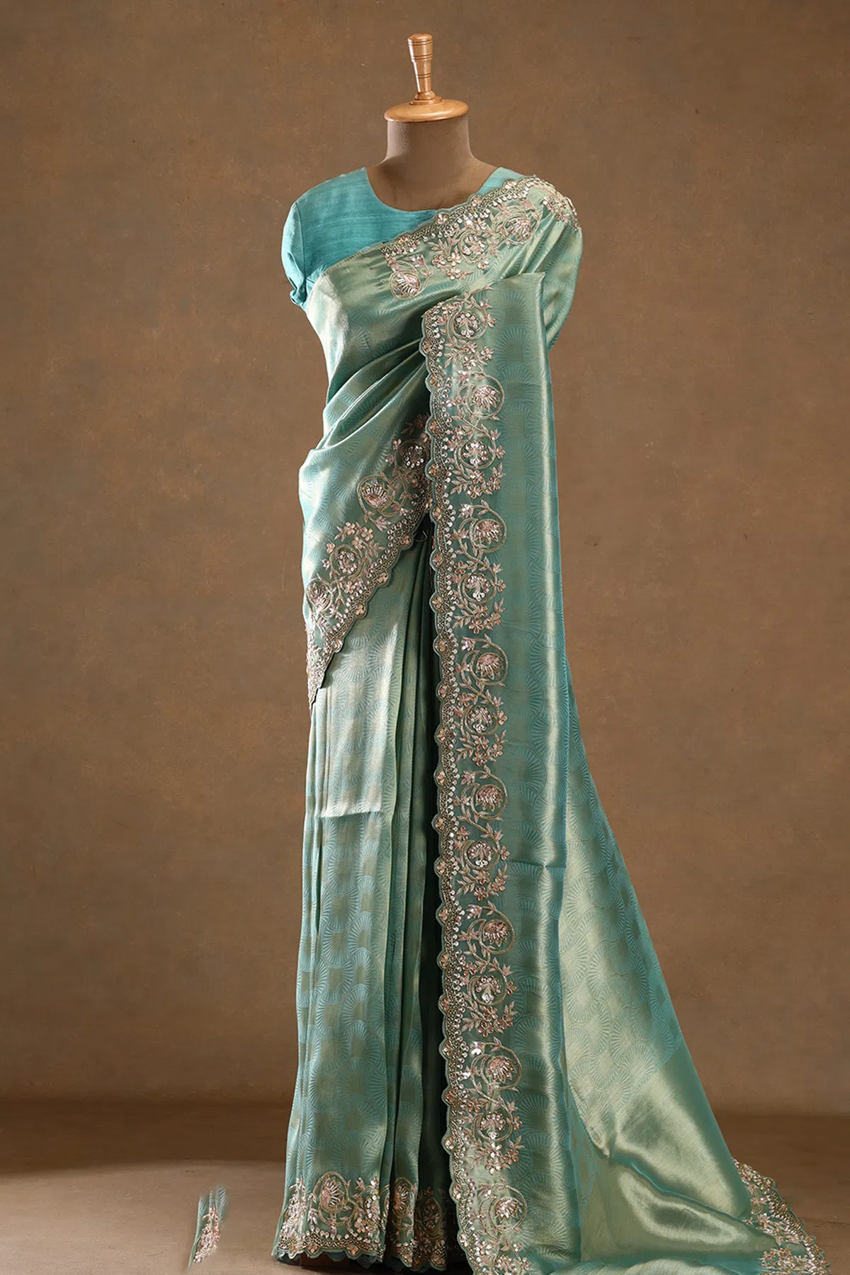 Teal blue zardosi embroidered tissue designer saree